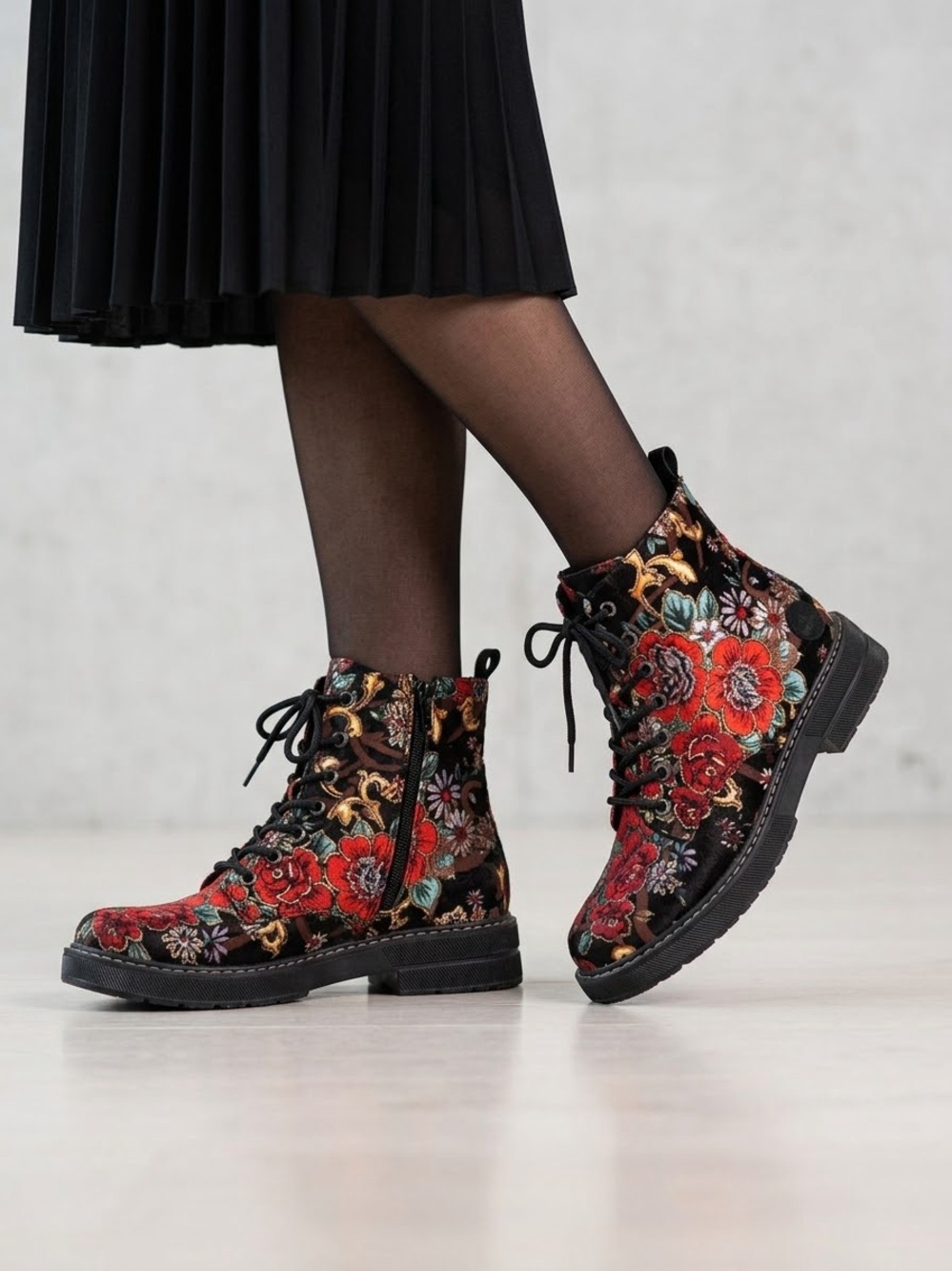 Rieker Black Lace-Up Biker Boots with Red Floral Design